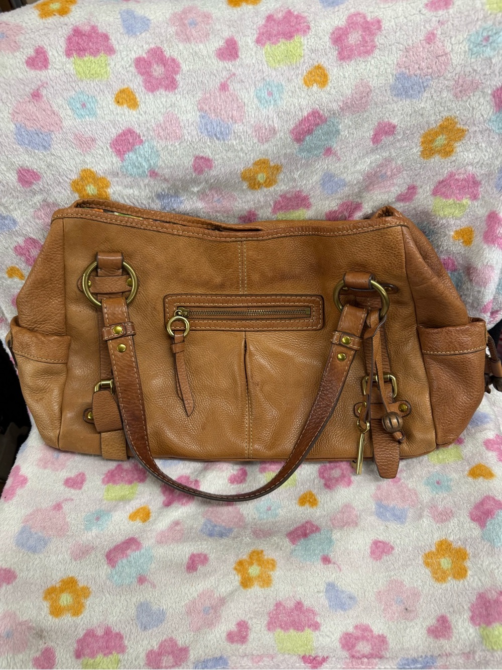 Fossil vintage Maddox Cognac Brown Leather Satchel Bag with Brass Hardware